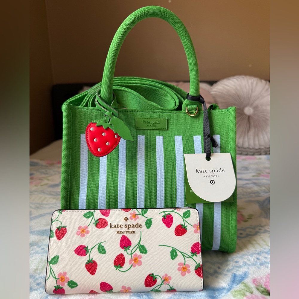 Kate Spade Green and White Striped Satchel and Staci Long Wallet bundle